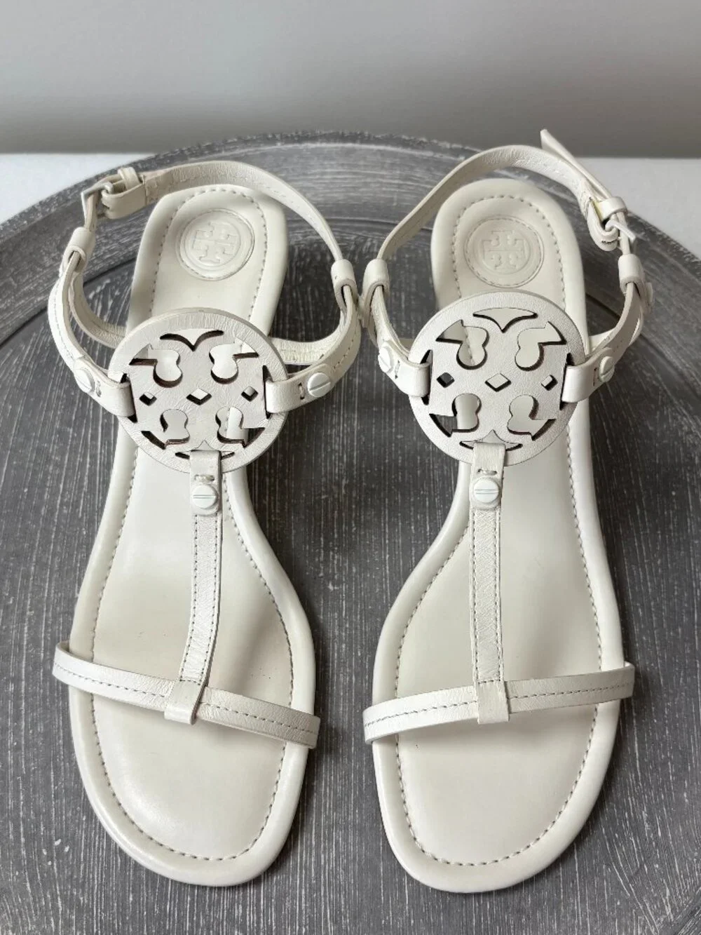 NWOT - Tory Burch Miller T-Strap Reva Wedge Sandals - Bleach - Size 9